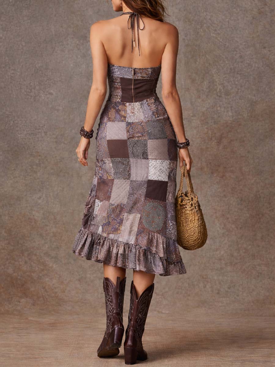 Bohemian-style Patchwork Print Midi Dress - Image 4