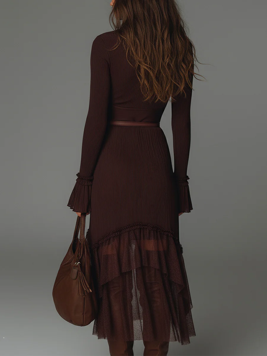 Bohemian Style Pleated Mesh Panel Midi Dress With Belt - Image 3