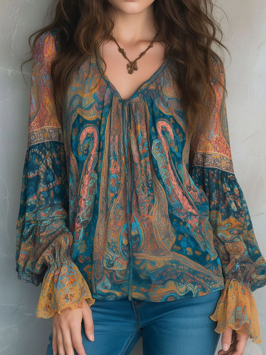 Bohemian Teal & Amber Paisley Chiffon Blouse With Ruffled Cuffs - Image 2