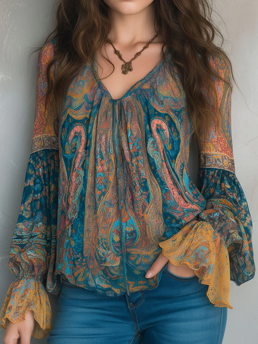 Bohemian Teal & Amber Paisley Chiffon Blouse With Ruffled Cuffs - Image 3