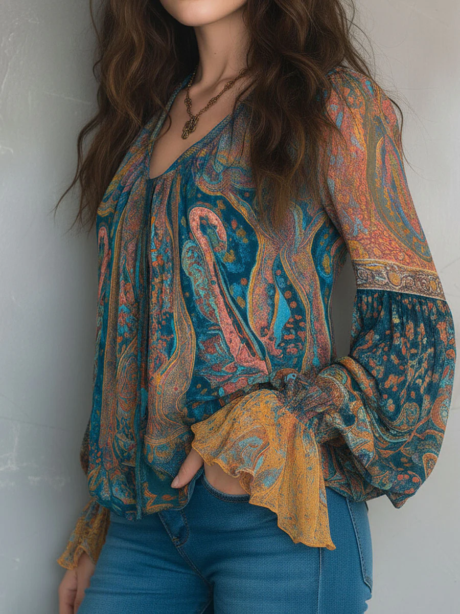 Bohemian Teal & Amber Paisley Chiffon Blouse With Ruffled Cuffs - Image 4