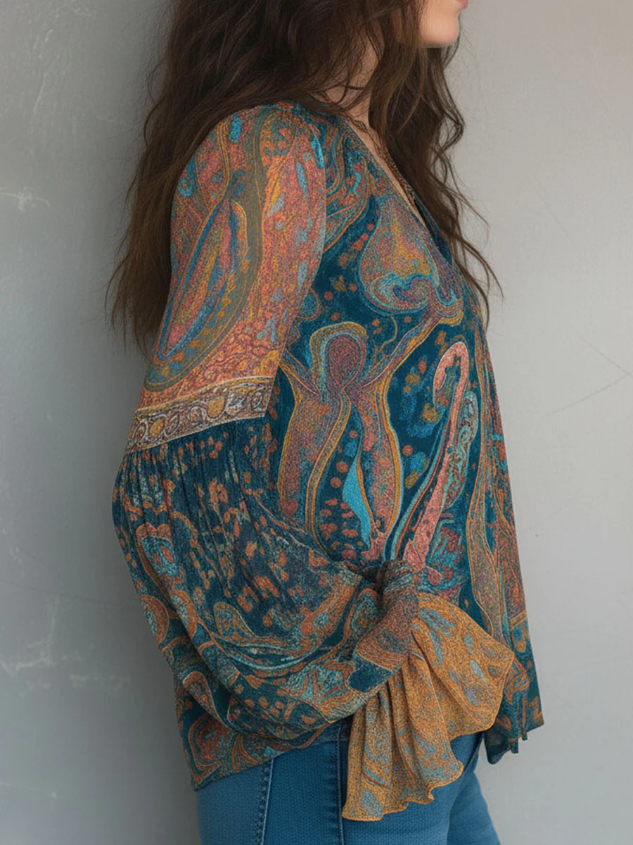 Bohemian Teal & Amber Paisley Chiffon Blouse With Ruffled Cuffs - Image 5
