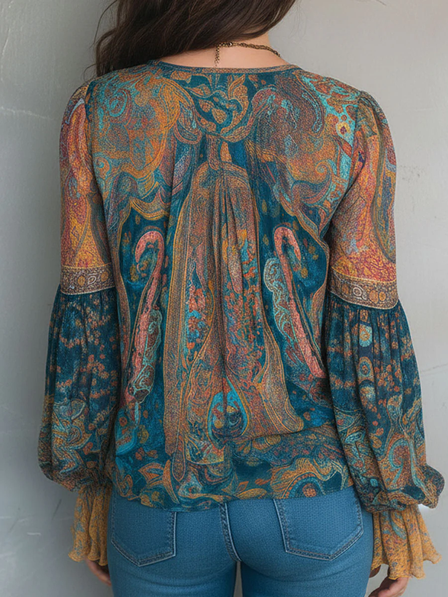 Bohemian Teal & Amber Paisley Chiffon Blouse With Ruffled Cuffs - Image 6