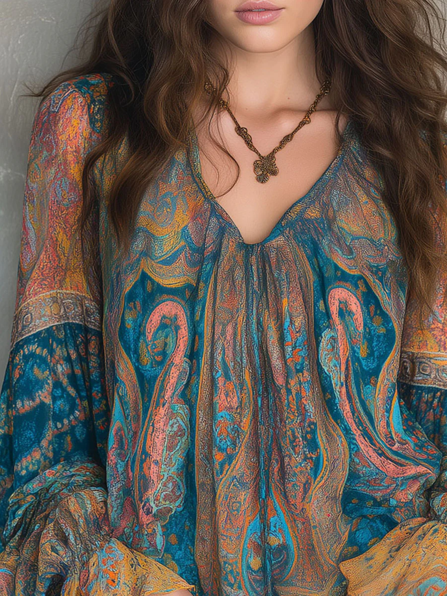 Bohemian Teal & Amber Paisley Chiffon Blouse With Ruffled Cuffs - Image 7