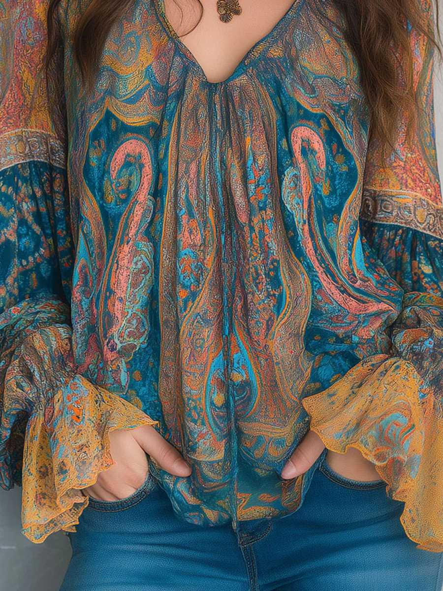 Bohemian Teal & Amber Paisley Chiffon Blouse With Ruffled Cuffs - Image 8