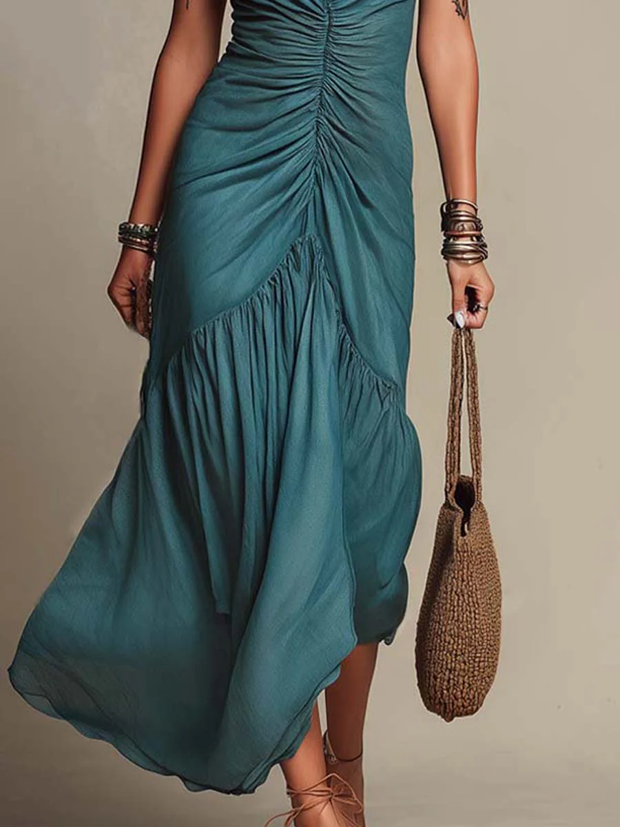 Bohemian Tencel Spaghetti Strap Ruched Tiered Maxi Dress - Image 3