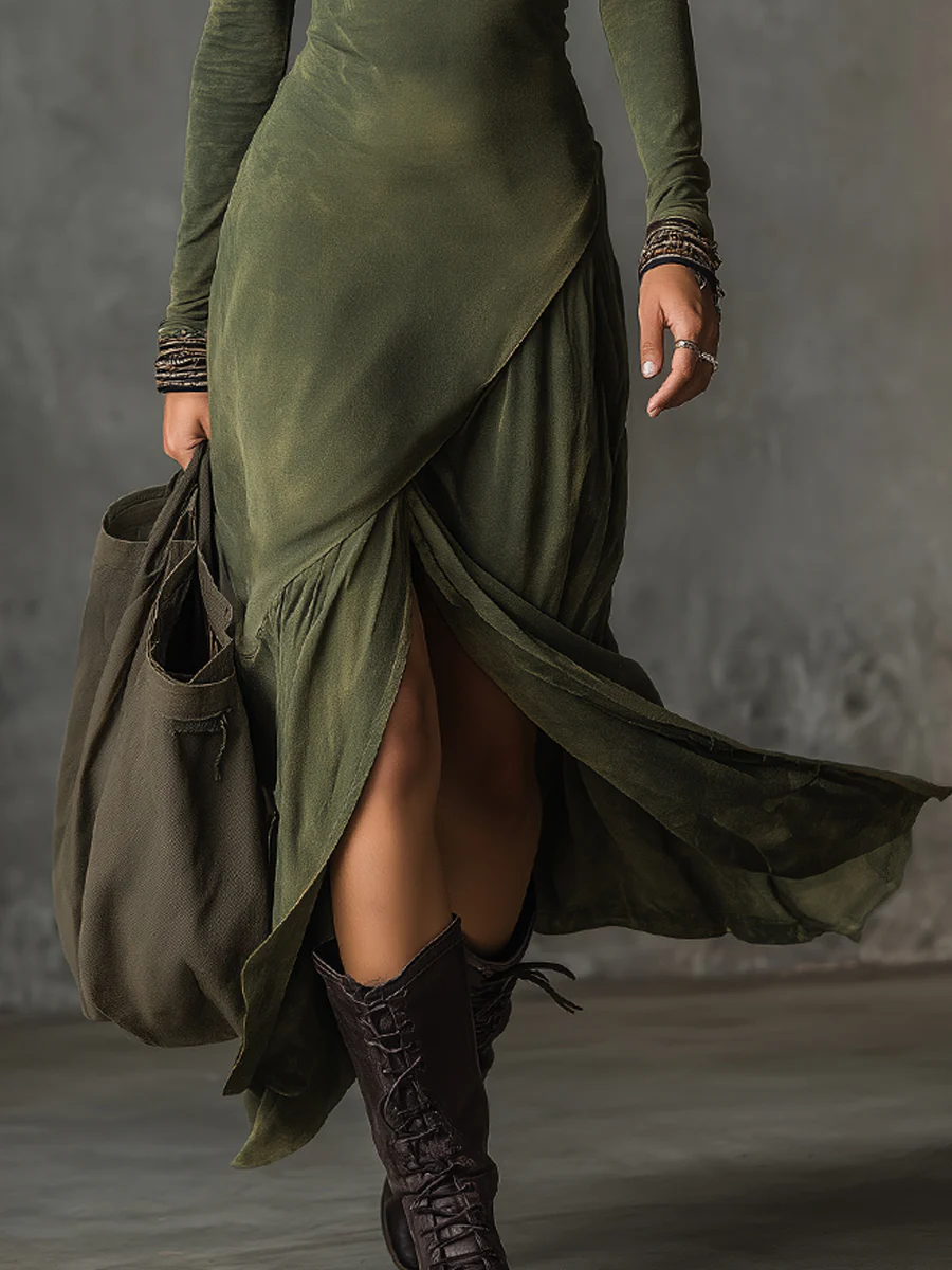 Bohemian Washed Cotton Half-zip Hem Slit Midi Dress - Image 5