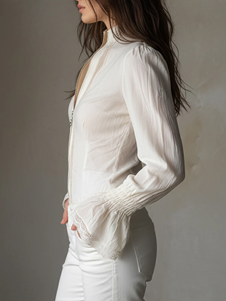 Bohemian Zip Front Lace Trim Bell Sleeves Cotton Blend Blouse - Image 2
