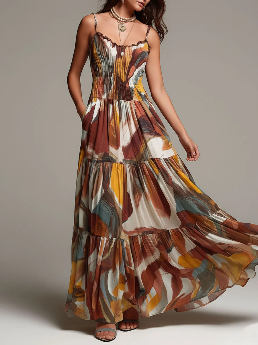 Boho Abstract Multicolor Smocked Bodice Maxi Dress - Image 2