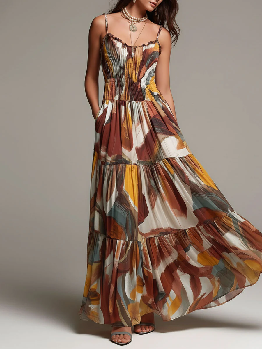 Boho Abstract Multicolor Smocked Bodice Maxi Dress - Image 3