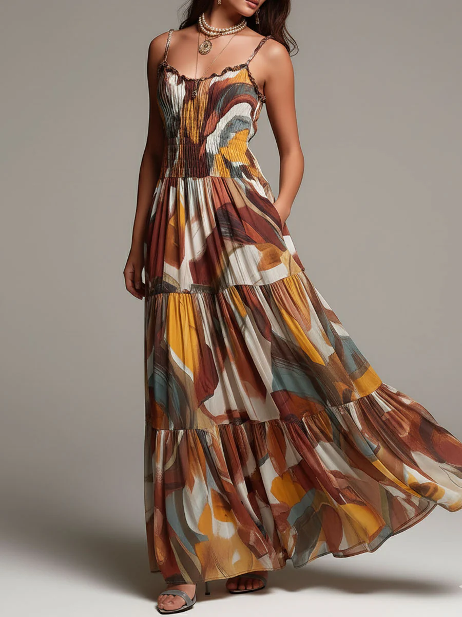 Boho Abstract Multicolor Smocked Bodice Maxi Dress - Image 4