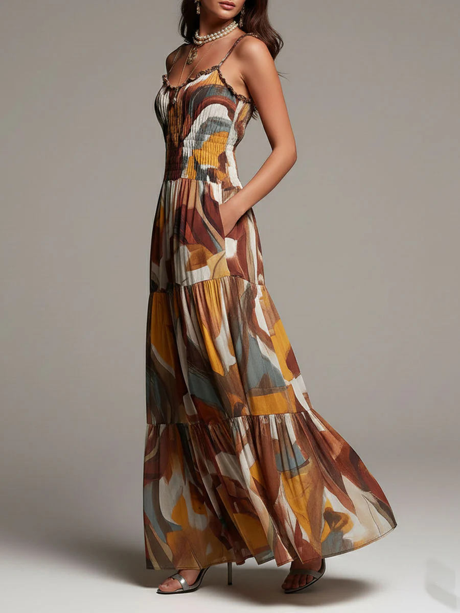 Boho Abstract Multicolor Smocked Bodice Maxi Dress - Image 5
