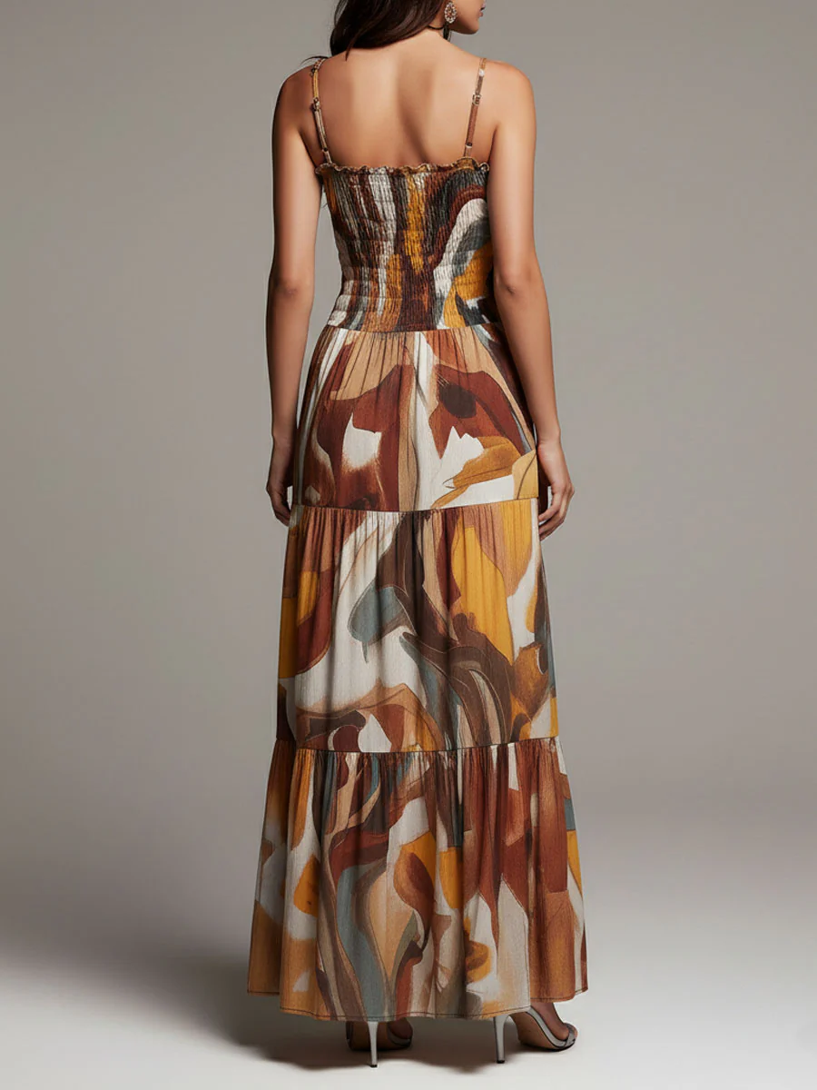 Boho Abstract Multicolor Smocked Bodice Maxi Dress - Image 6