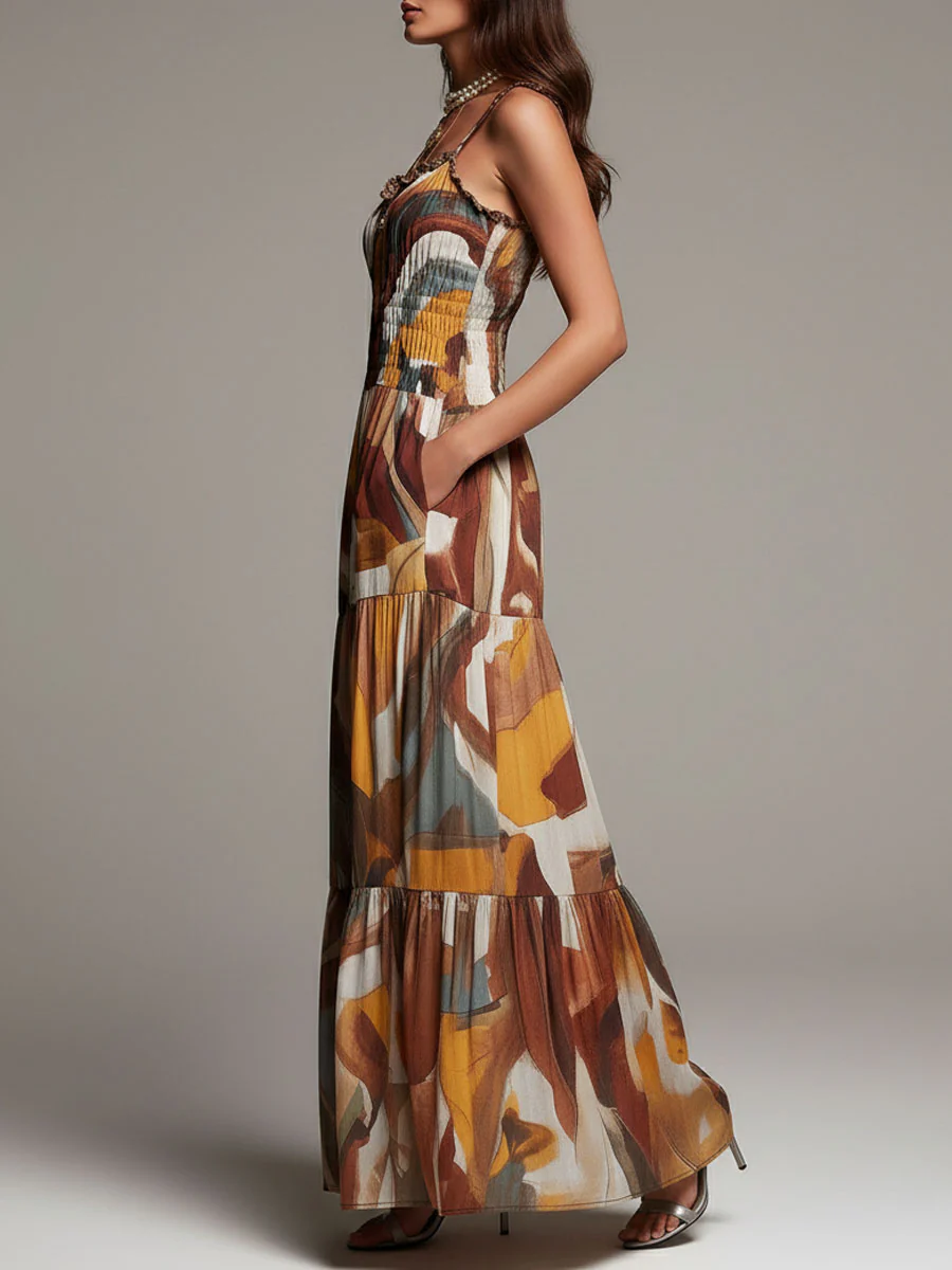 Boho Abstract Multicolor Smocked Bodice Maxi Dress - Image 7