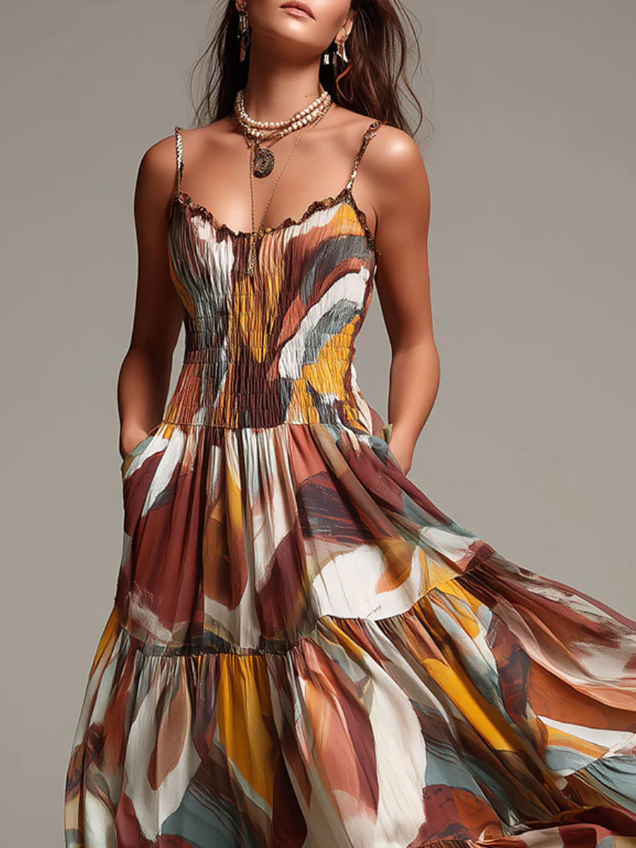 Boho Abstract Multicolor Smocked Bodice Maxi Dress - Image 8