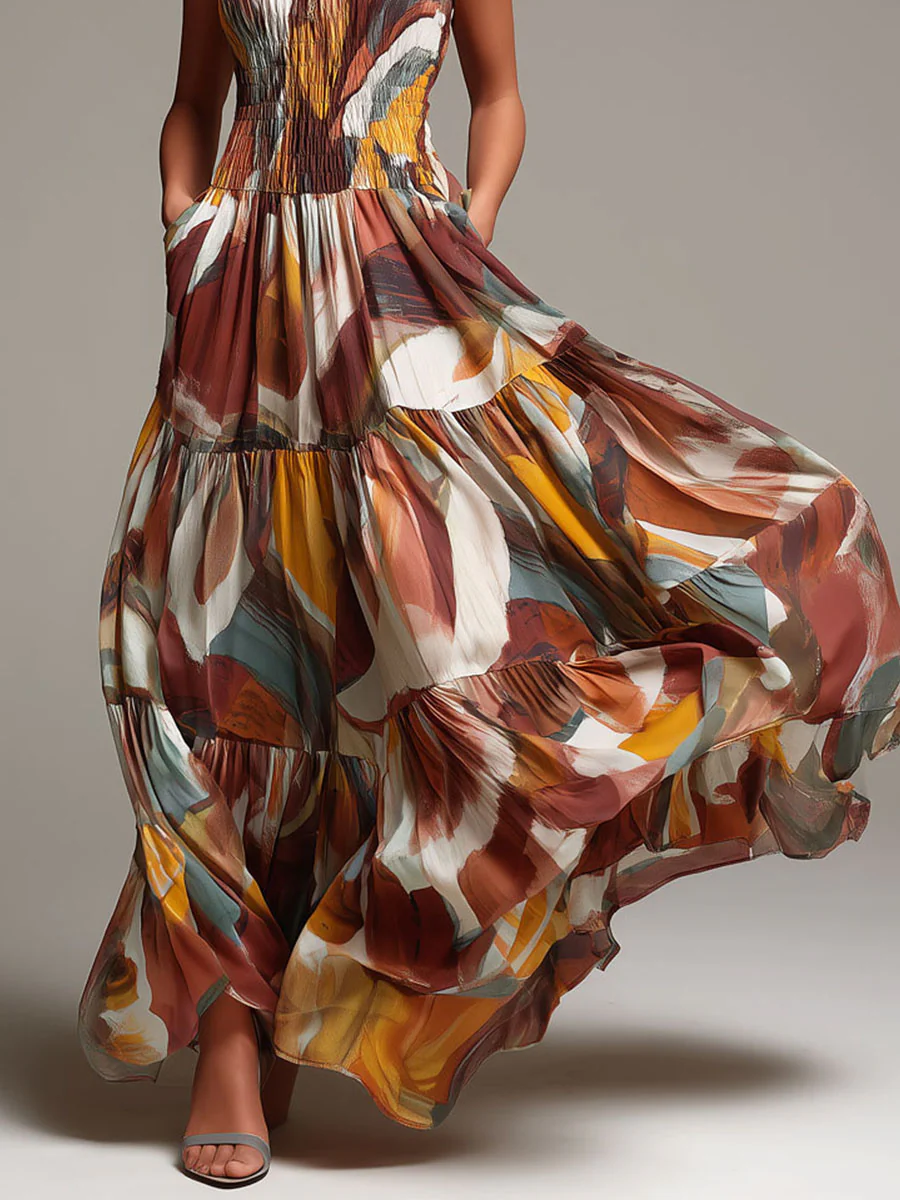 Boho Abstract Multicolor Smocked Bodice Maxi Dress - Image 9