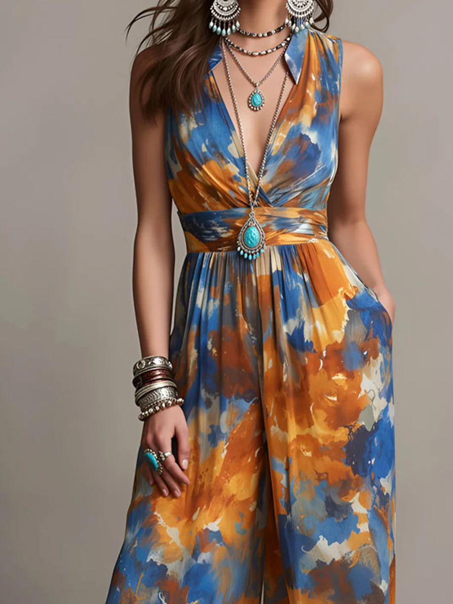 Boho Abstract Watercolor Print Wide-Leg Jumpsuit - Image 2