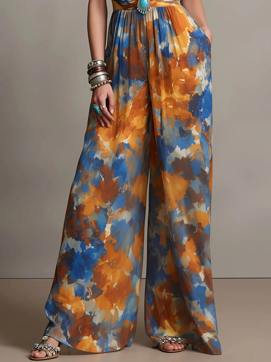 Boho Abstract Watercolor Print Wide-Leg Jumpsuit - Image 3