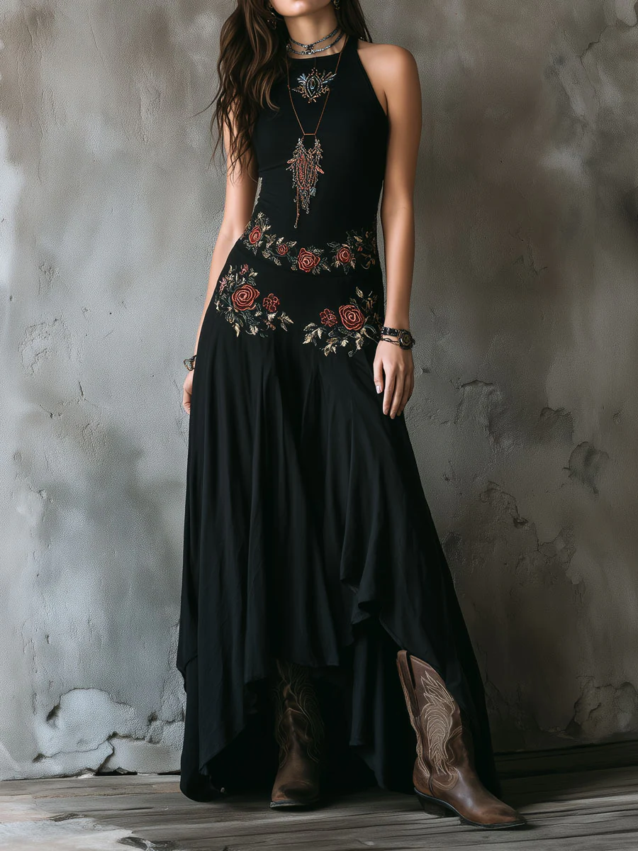 Boho Black Embroidered Halter Neck Maxi Dress