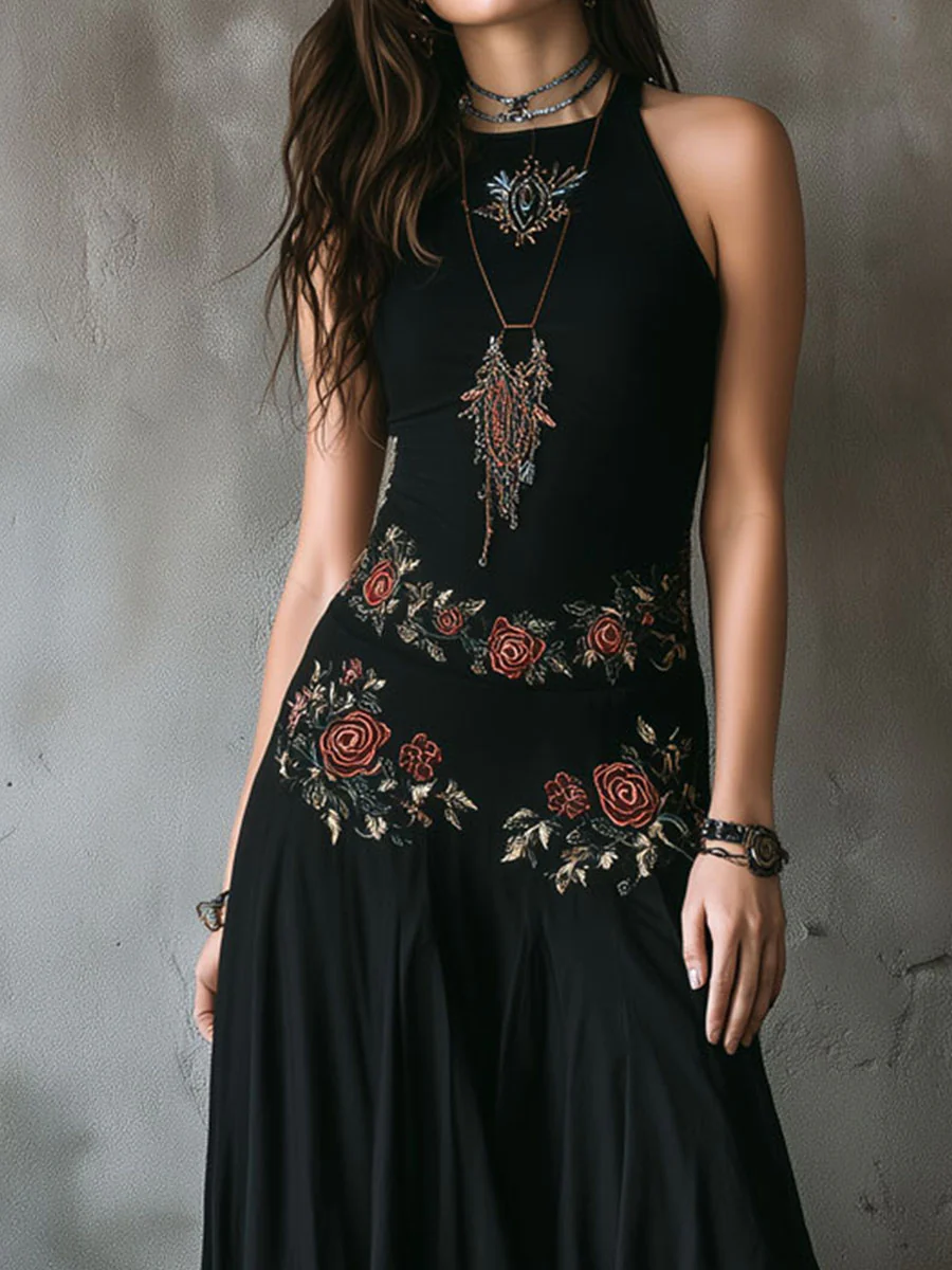 Boho Black Embroidered Halter Neck Maxi Dress - Image 2