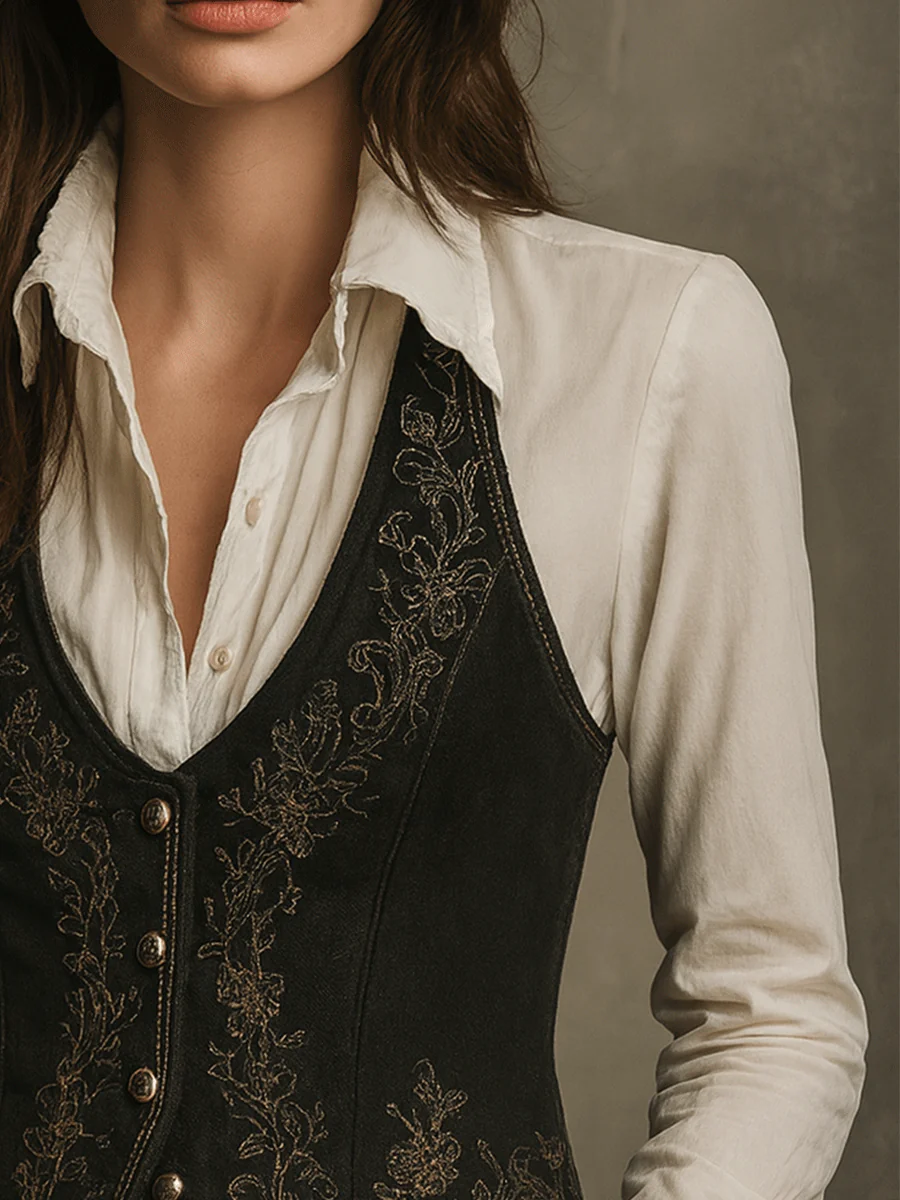 Boho Black Embroidered Velvet Waistcoat - Image 3