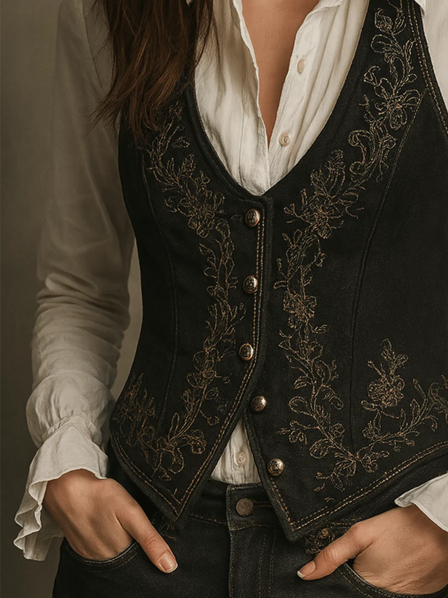 Boho Black Embroidered Velvet Waistcoat - Image 4