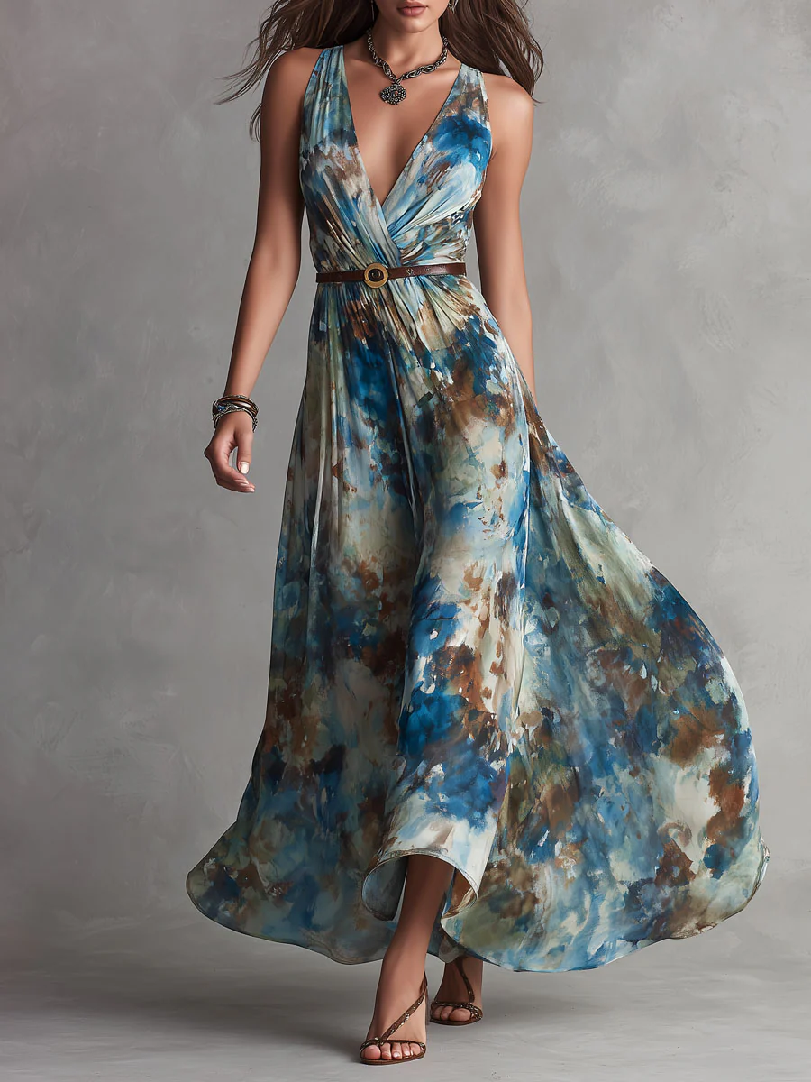 Boho Blue And Earth-Tone Watercolor  Chiffon Maxi Dress