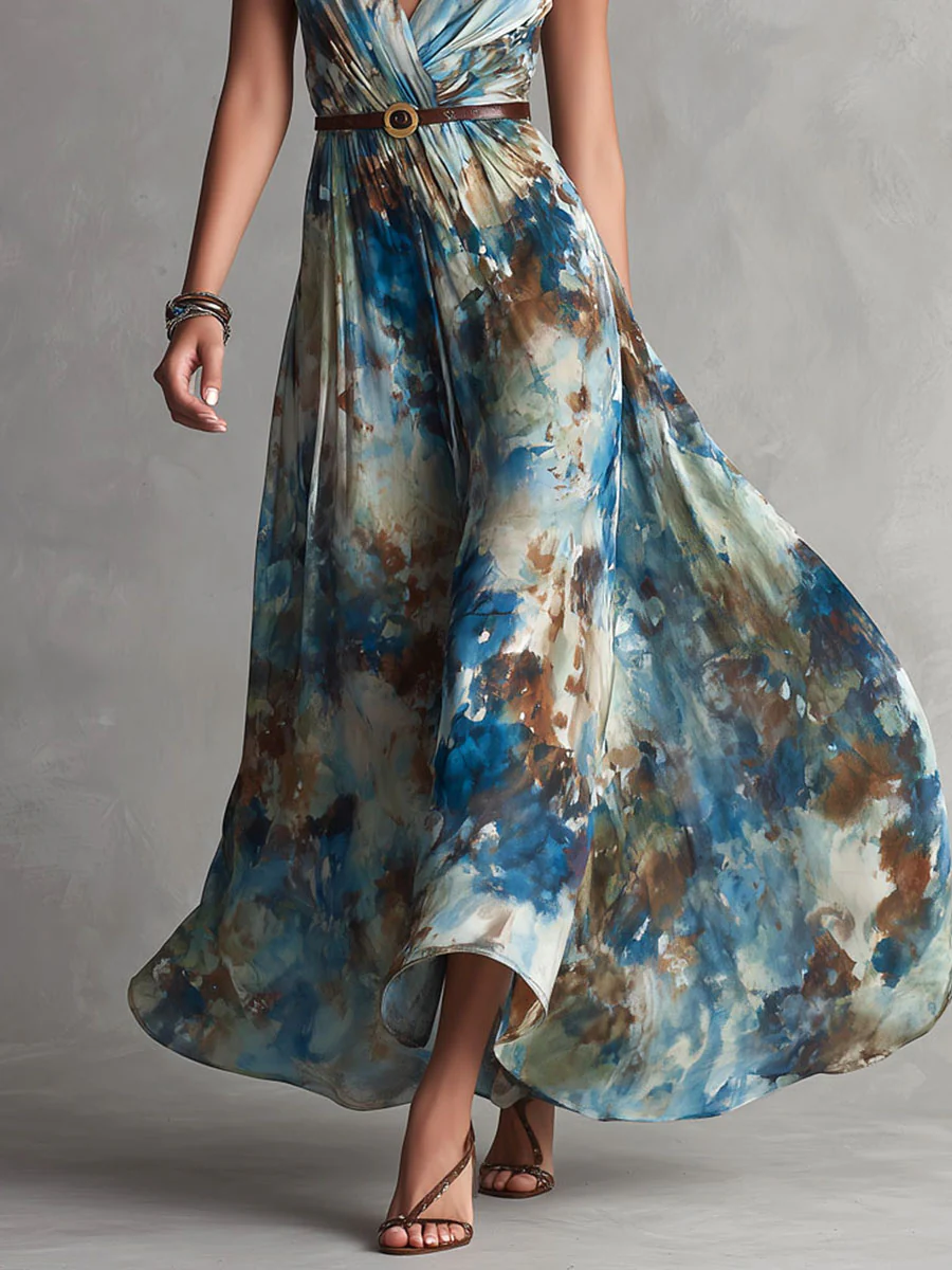 Boho Blue And Earth-Tone Watercolor  Chiffon Maxi Dress - Image 3