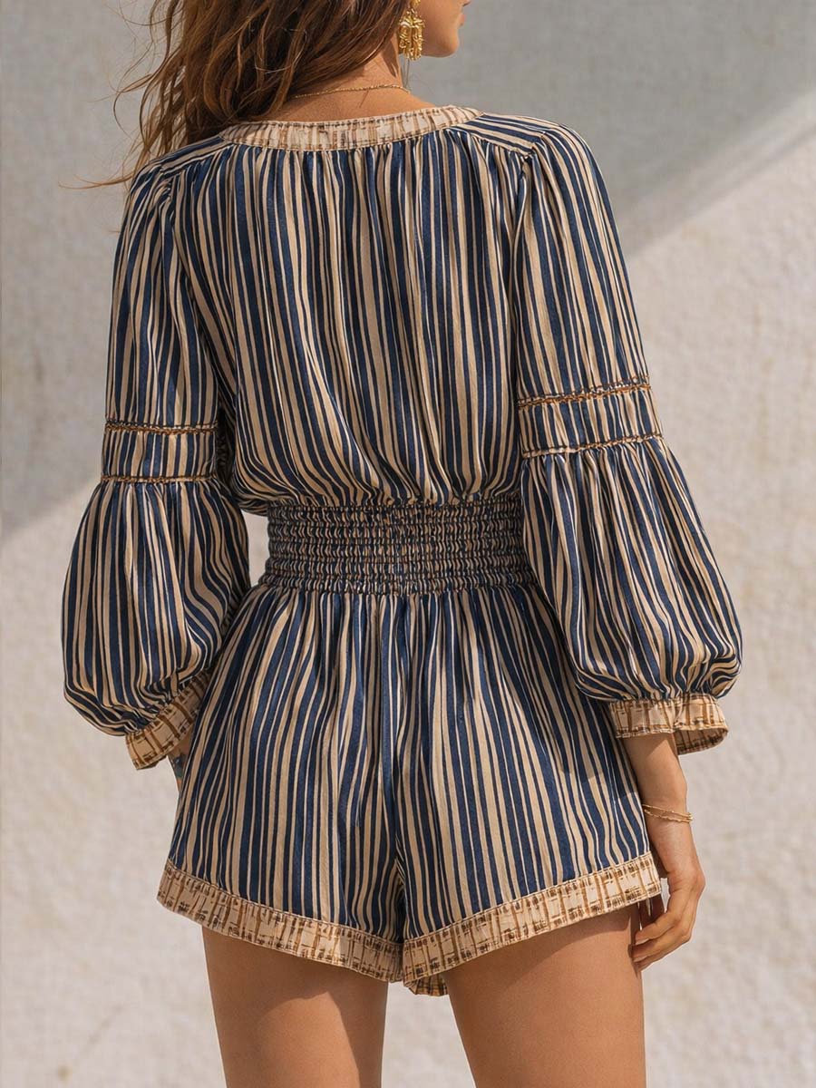 Boho Blue & Beige Striped V-Neck Puff Sleeve Romper With Smocked Waist Tie - Image 3