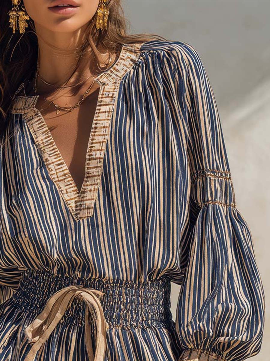 Boho Blue & Beige Striped V-Neck Puff Sleeve Romper With Smocked Waist Tie - Image 4