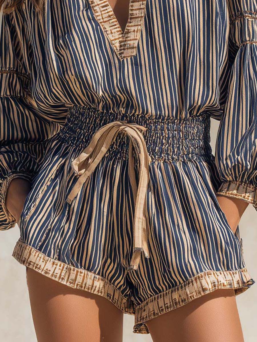 Boho Blue & Beige Striped V-Neck Puff Sleeve Romper With Smocked Waist Tie - Image 5