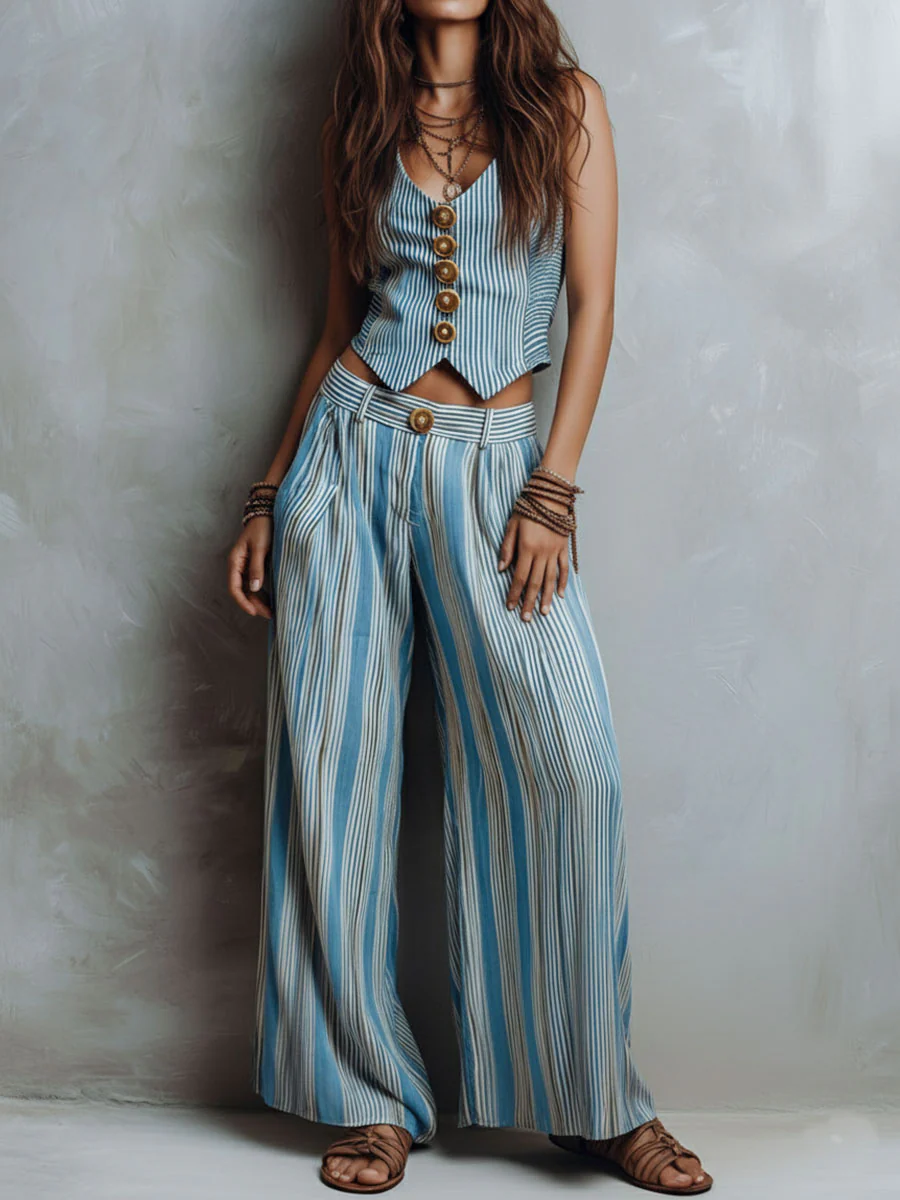 Boho Blue Striped Vest & Wide-Leg Pant Set - Image 3