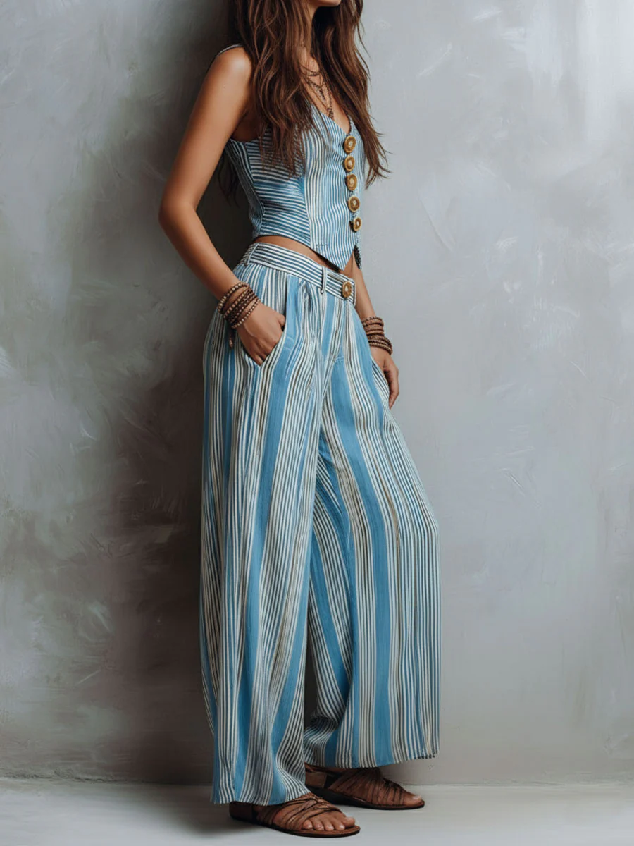 Boho Blue Striped Vest & Wide-Leg Pant Set - Image 4