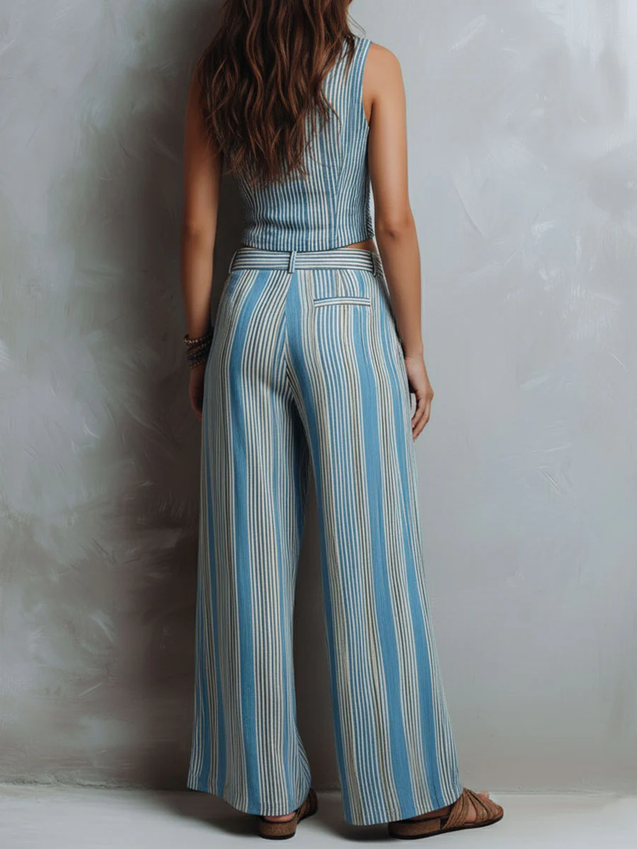 Boho Blue Striped Vest & Wide-Leg Pant Set - Image 6