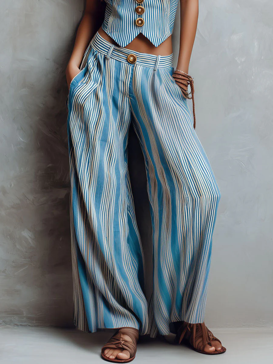 Boho Blue Striped Vest & Wide-Leg Pant Set - Image 8