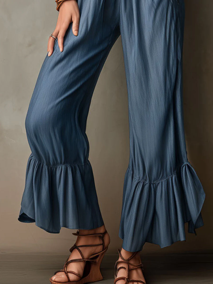 Boho Blue Tencel Ruffled Wide-Leg Jumpsuit With Waist Tie - Image 3