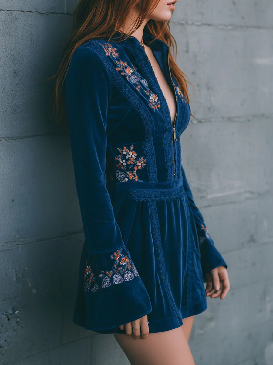 Boho Blue Velvet Zipper Front Lace Trim Embroidered Mini Dress - Image 3