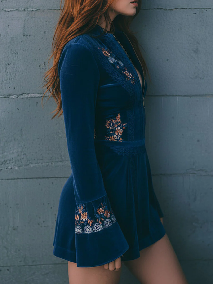 Boho Blue Velvet Zipper Front Lace Trim Embroidered Mini Dress - Image 4