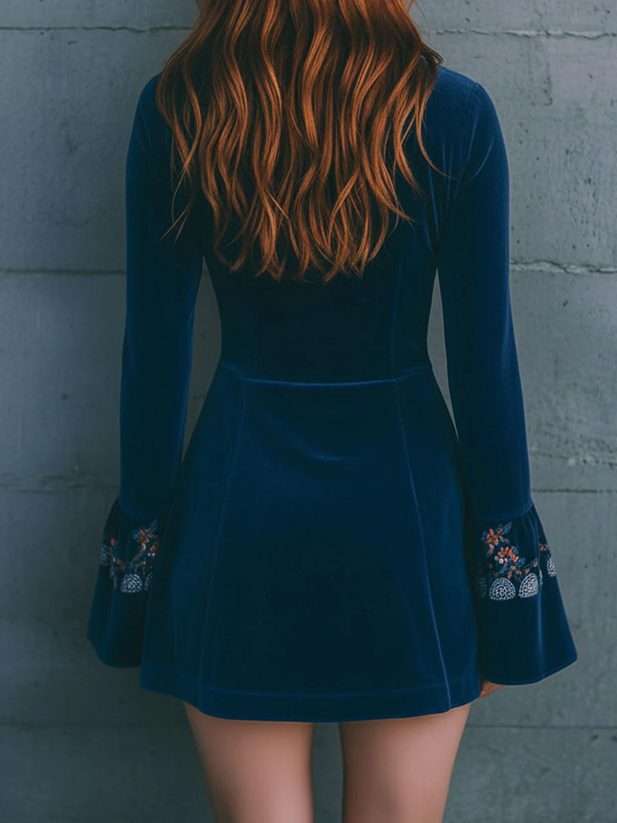 Boho Blue Velvet Zipper Front Lace Trim Embroidered Mini Dress - Image 5
