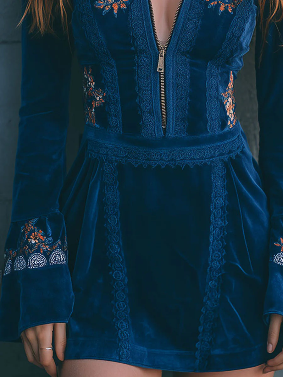 Boho Blue Velvet Zipper Front Lace Trim Embroidered Mini Dress - Image 7