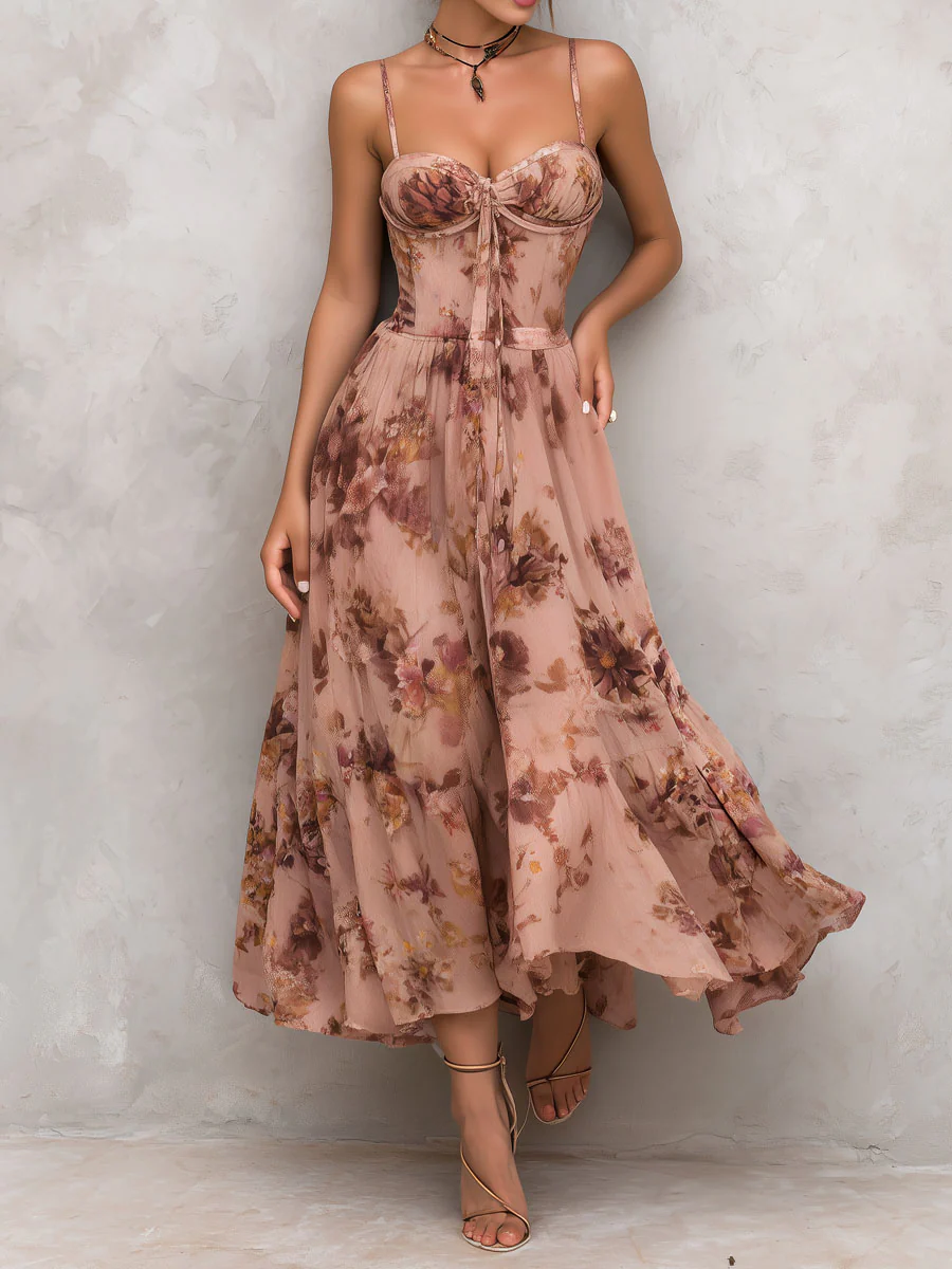 Boho Blush Rose Print Chiffon Corset Midi Dress
