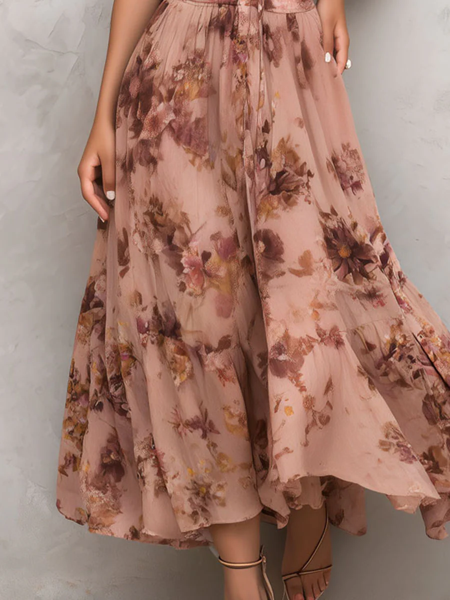 Boho Blush Rose Print Chiffon Corset Midi Dress - Image 3