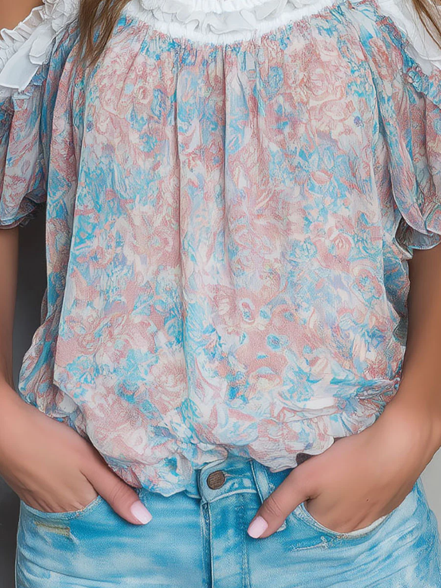 Boho Blush Sky Floral Print Ruffled Chiffon Blouse - Image 3