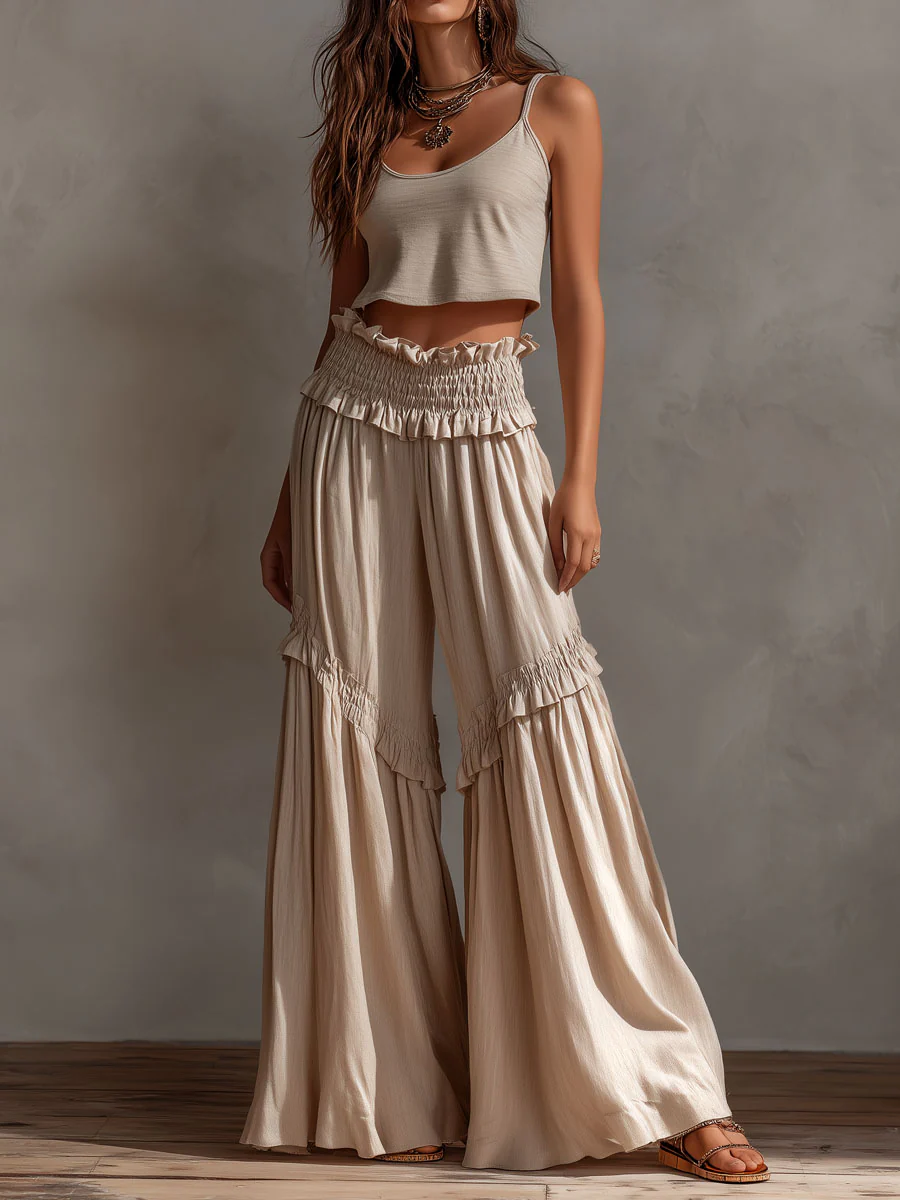 Boho Casual Desert Sand Camis And Ruffled Smocked Wide-Leg Pants Set