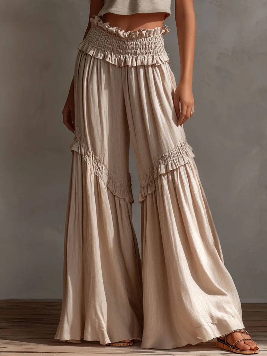 Boho Casual Desert Sand Camis And Ruffled Smocked Wide-Leg Pants Set - Image 3