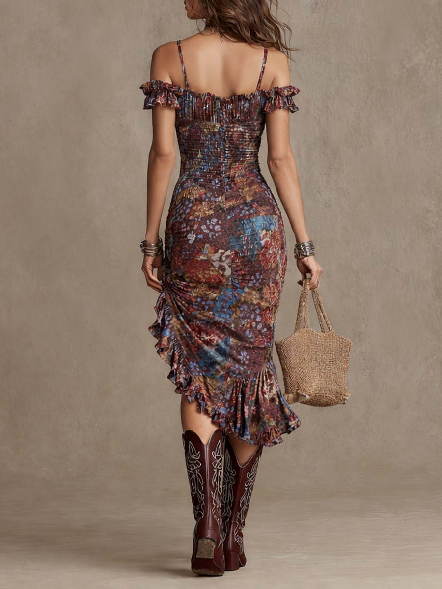 Boho-Chic Floral Ruffle Midi Dress - Image 3