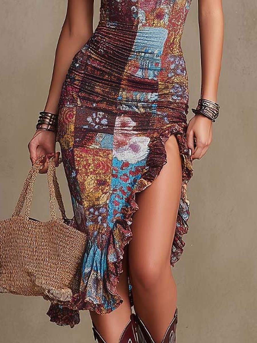 Boho-Chic Floral Ruffle Midi Dress - Image 5