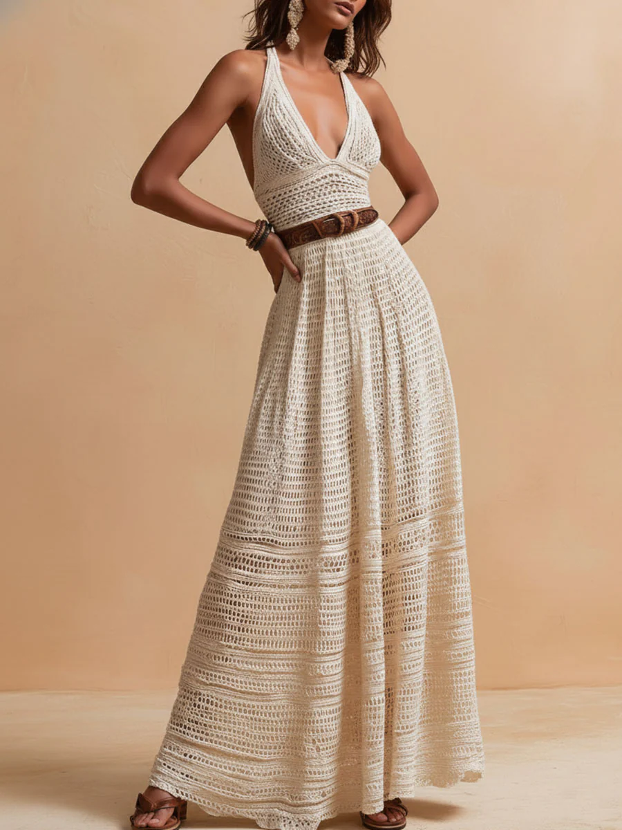 Boho Chic Ivory Crochet Halter Maxi Dress With Waist Belt - Image 3
