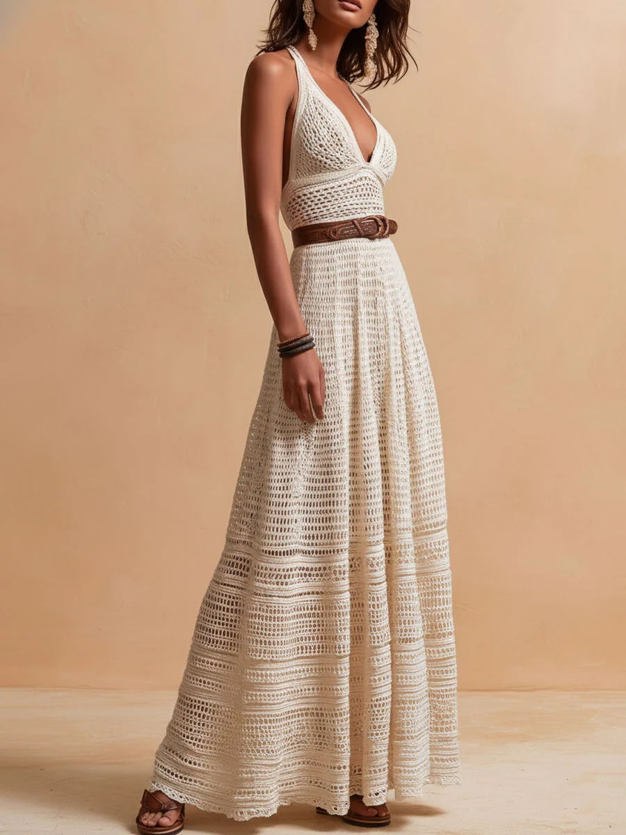 Boho Chic Ivory Crochet Halter Maxi Dress With Waist Belt - Image 4