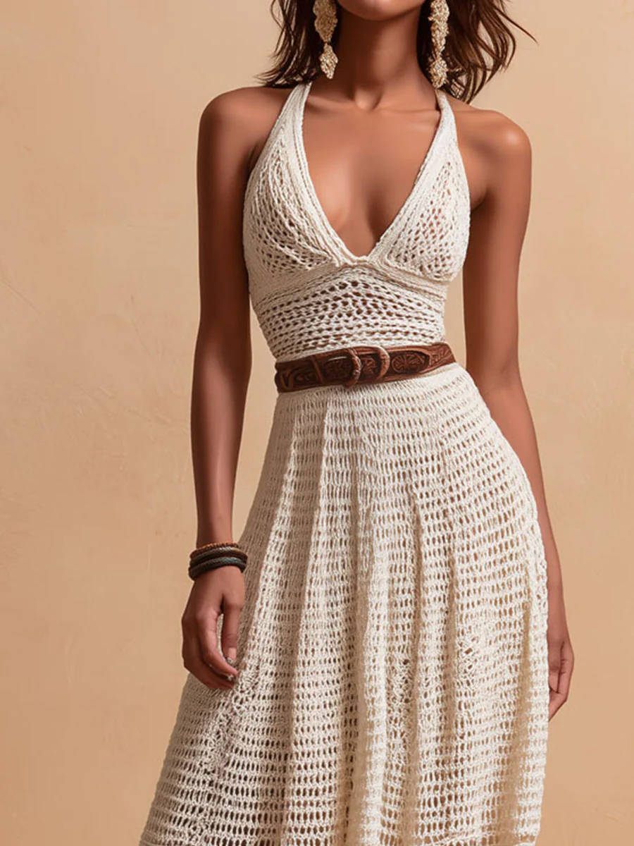 Boho Chic Ivory Crochet Halter Maxi Dress With Waist Belt - Image 5